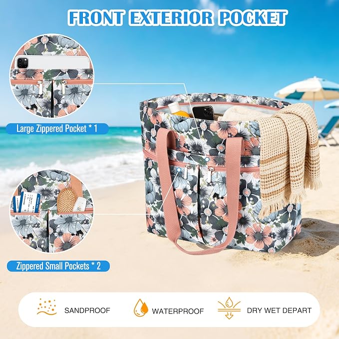 HUANLANG Large Beach Bags for Women Pool Bag with Zipper, Waterproof Sandproof Beach Tote Travel Bag with Wet Pocket - Image 3