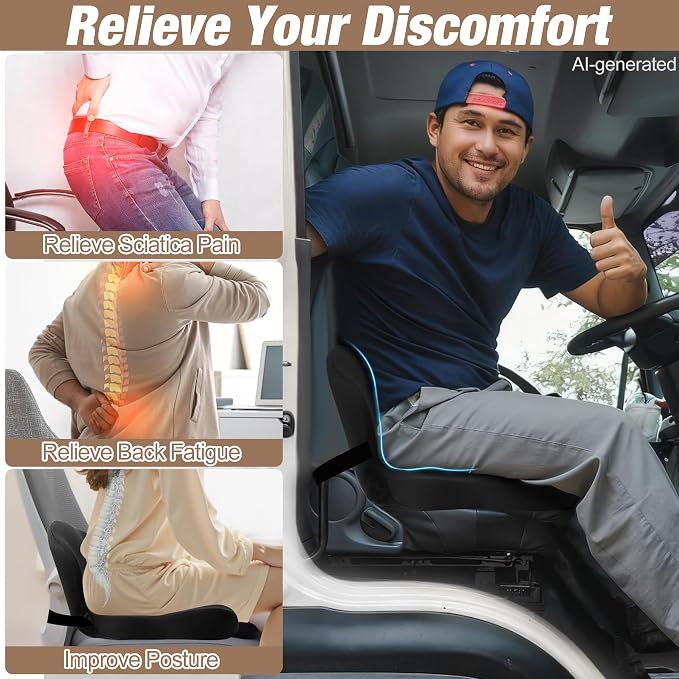 Truck Seat Cushion, Memory Foam Trucker Seat Cushion for Truck Driver Long Sitting with Adjustable Strap, Back Support and Pain Relief for Trucker Driving Office Chair and Pain, Black - Image 4