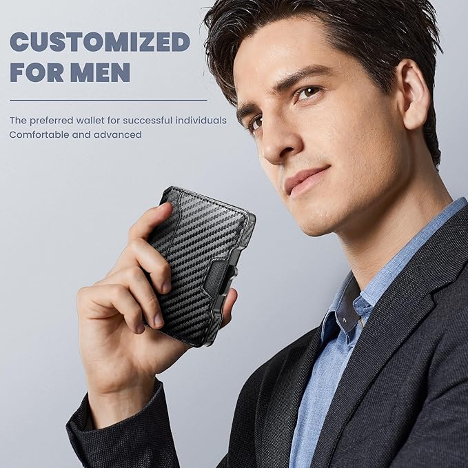 Wallet for Men, RFID Blocking Slim Mens Wallet with Money Clip | Minimalist Pop Up Card Case, ID Window, 9-11 Cards, Bifold Leather Front Pocket Wallet with Gift Box (Black-Carbon Fiber) - Image 4