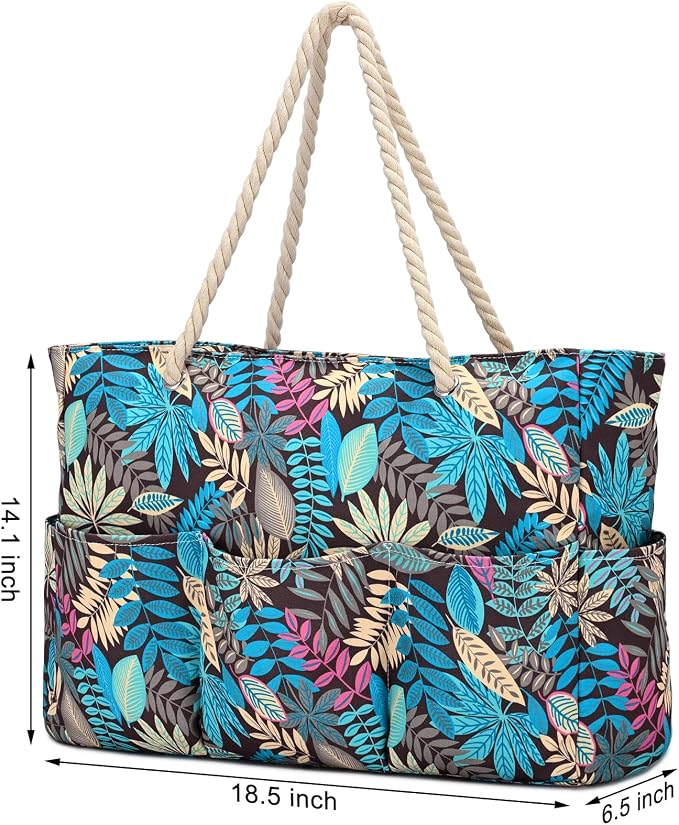Becokan Beach Bags for Women Canvas Large Beach Tote Bag Zipper Waterproof Sandproof Foldable Swim Pool Bag with 7 Pockets - Image 6