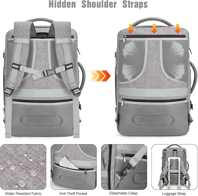 Tzowla 40L Expandable Travel Laptop Backpack for Men Women Carry on Flight Approved,Large Capacity Anti Theft Backpacks with Giant Tumbler Holder Pocket,Personal Item Bag Fit 17.3" Computer（Grey - Image 5