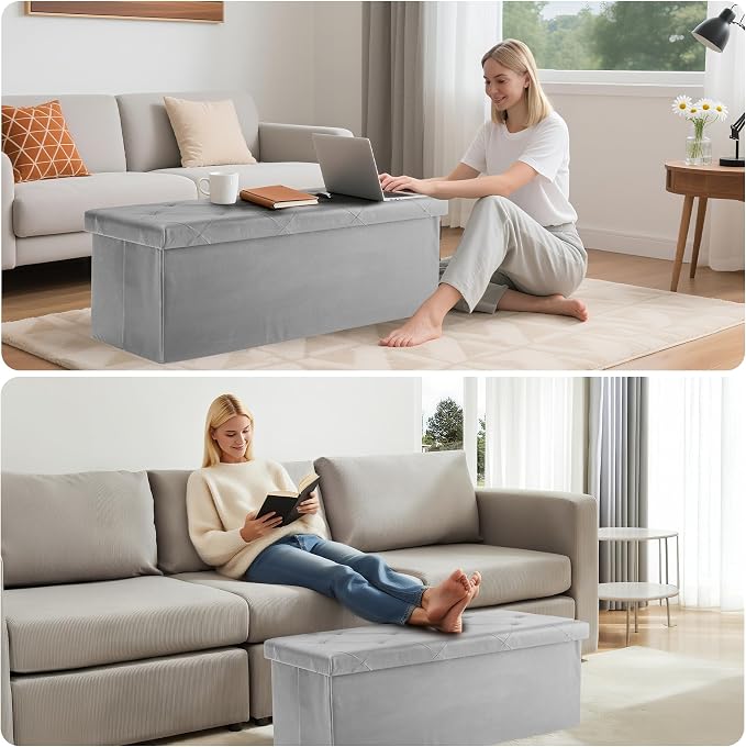 DUMOS 43 Inch Folding Storage Ottoman Bench, Large Ottoman with Storage | Storage Chest with Padded Seat, End of Bed Foot Rest Stool for Bedroom Living Room, Load 660 lbs, Synthetic Leather, Grey - Image 10
