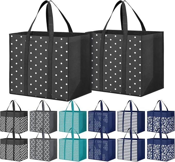 14 Pack Reusable Grocery Bags Waterproof Tote Bags for Shopping Groceries | 35L Large Capacity, Heavy-Duty, Waterproof, Lightweight, Foldable Tote with Sturdy Handles, Polka Dot Design by Fabtotes