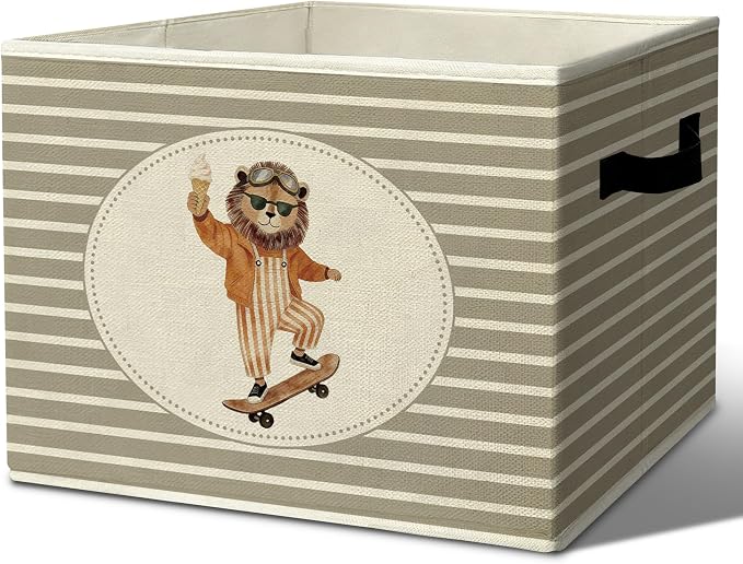 Rustic Lion Skateboarding Storage Bins Boxes with Handles | toys books clothes, grey striped nursery foldable basket for organizing bedroom toddler room playroom by Unknown