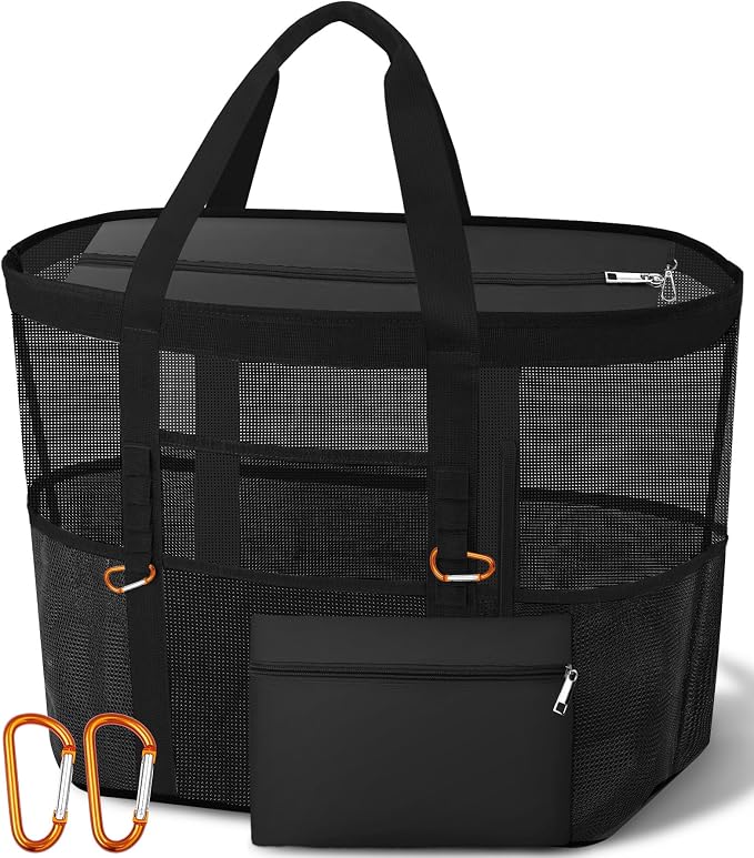 Chic Cruise Essentials Beach Bag for Women, Large Zip Top Tote, 11 Pockets | 40L+ Spacious;Mesh × Canvas;Zipper Pouch;Secure Zip-Top;Sand-Resistant Base by Yeendibo