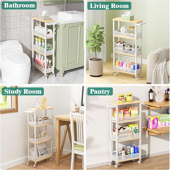 4-Tier Rolling Slim Storage Cart Kitchen Bathroom Laundry Organizer | 5.9"wide, wood rack tier, with 3 hooks, carbon steel, suitable for compact spaces, 360° swivel wheels with brakes, white - Image 7