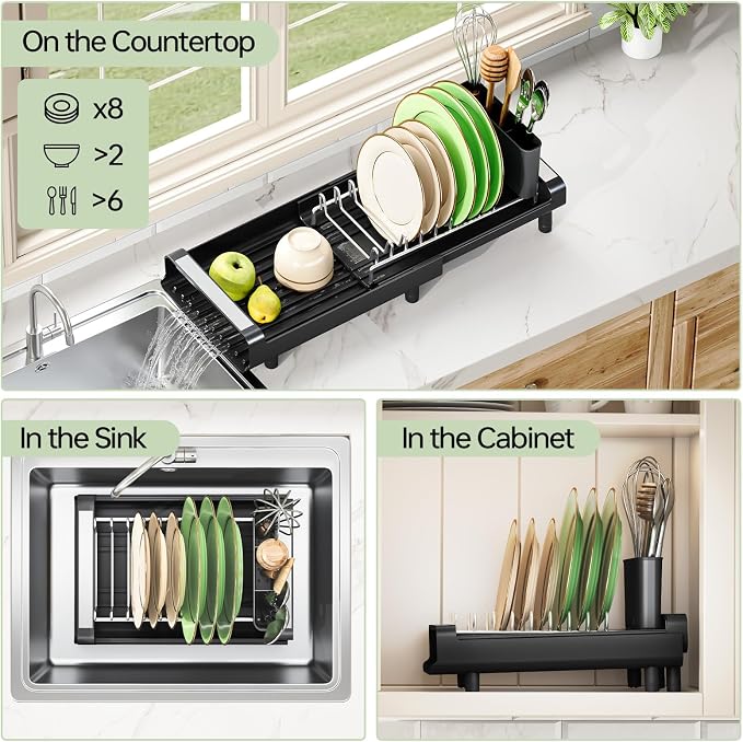 TOOLF Small Dish Drying Rack, Expandable and Space-Saving, Matte Black | Mini Dish racks for kitchen counter, Compact Design Fits Sink or Counter, Stainless Steel Plate Rack, 11"-19.3"L×7.7"W×3.54"H - Image 6