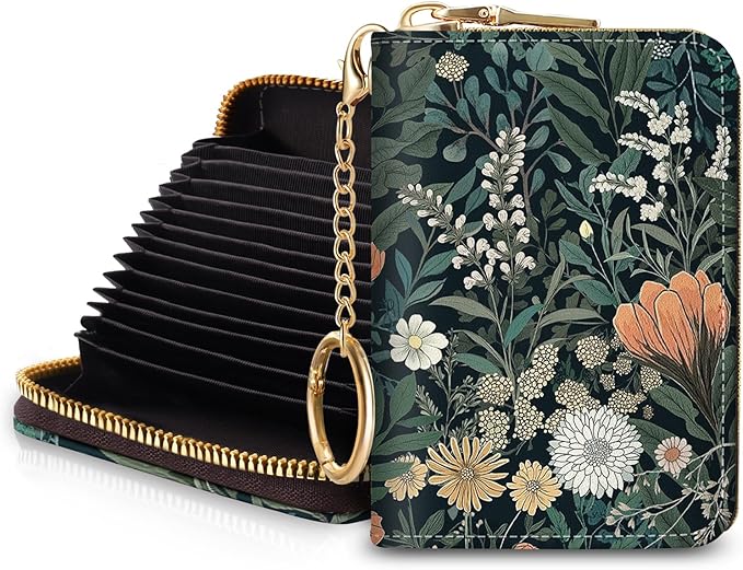 Blusabaca RFID Credit Card Holder Small Women Travel Wallet, Wildflowers | Removable Keychain, Case with Zipper, Vegan PU Leather, Cash Coin Pocket, Business Accordion Purse, Ladies Female Gift by Blusabaca