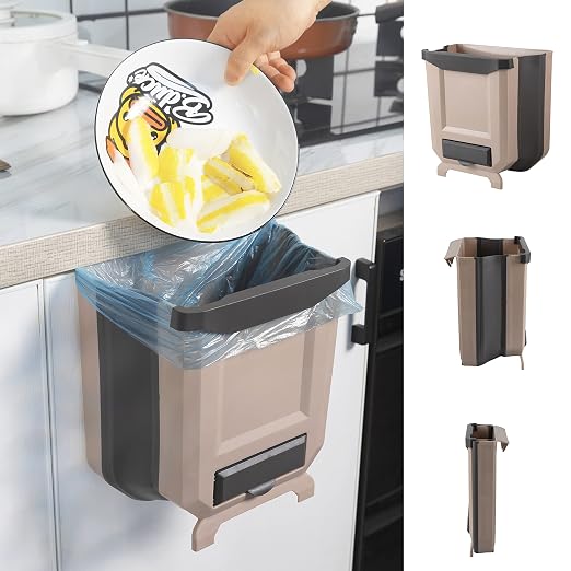 Hanging Kitchen Trash Can, Foldable Waste Bin for Kitchen, Collapsible Hang Small Plastic Garbage Can 2.4 Gallon for Cabinet/Car/Bedroom/Bathroom (Brown) by WDPUCHU