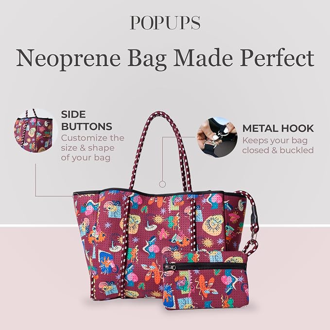 POPUPS Large Neoprene Tote Bag for Women - Everyday Designer Handbag for Travel Work and Beach with Pockets and Zipper Pouch - Image 6