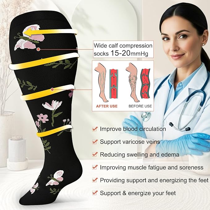 Diu Life 3 Pairs Plus Size Compression Socks for Women and Men Wide Calf Extra Knee High Support for Circulation - Image 4