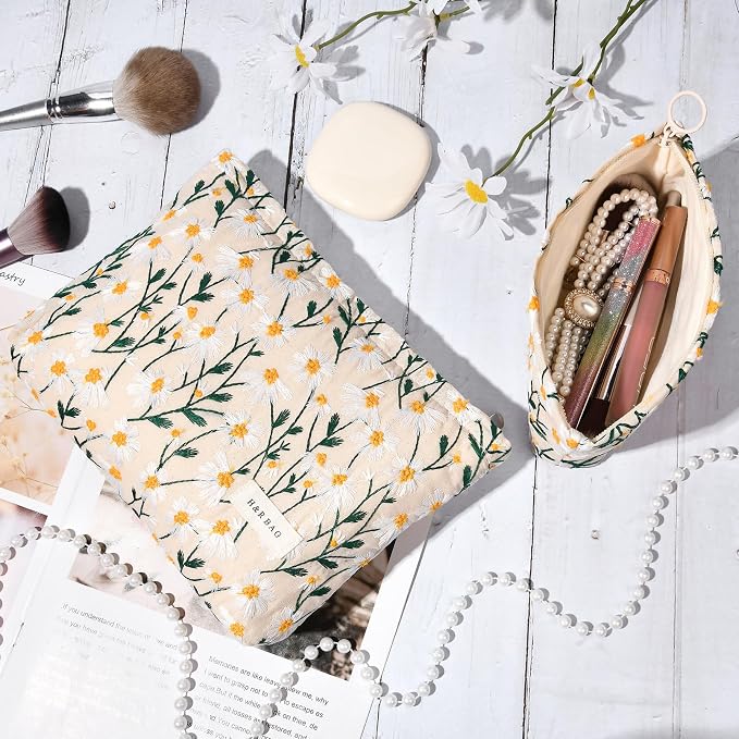 SOIDRAM 2 Pcs Makeup Bag Large Cosmetic Bag Toiletry Bag Makeup Pouch Travel Bag Organizer Cute Makeup Brushes Aesthetic Accessories Storage Bag for Women Daisy Embroidery - Image 3