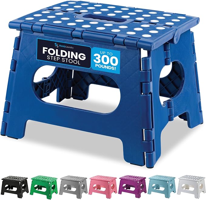 Handy Laundry Folding Step Stool 9 Inch, Blue, Non-Slip Holds 300 lbs | 9 Inch, Blue, Foldable Collapsible Step Stool, Non-Slip, Holds 300 lbs, Kitchen Bathroom Bedroom, Adults by Handy+Laundry