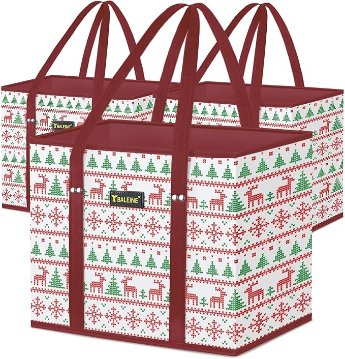 BALEINE 3PK Reusable Grocery Bags, Heavy Duty Shopping Tote Bag | 12'' Long Handles, Reinforced Bottom Keeps Upright, Fold Flat Storage, Water-Resistant Shopping Bag, Multiple Color Options by BALEINE
