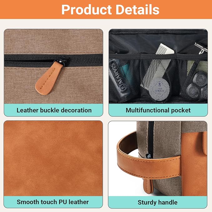 Elviros Travel Toiletry Bag for Men, Hanging Toiletries Bag Water Repellent Dopp Kit PU Leather Travel Bag for Toiletries Accessories, Khaki - Image 4