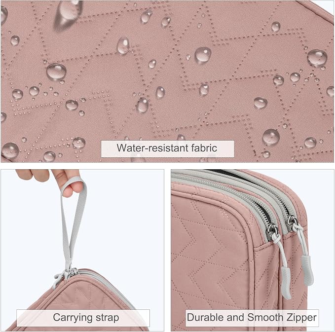 FYY Electronic Organizer, Travel Tech Pouch Bag, Large, Pink Quilted | Wrist Strap, Waterproof, Double Layers Portable Electronics Travel Carrying Case for Cord, Charger, Daily Business Trips Use - Image 4