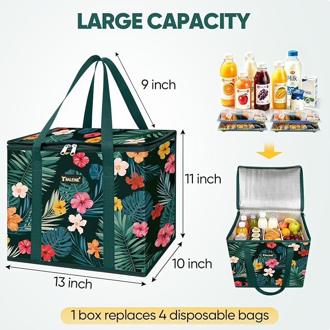 BALEINE 1PK Insulated Reusable Grocery Bag, Heavy Duty Shopping Tote | Foam & Foil Insulation, 9" Long Handles, Reinforced Bottom Keeps Upright, Fold Flat Storage, Water-Resistant Shopping Bag - Image 5