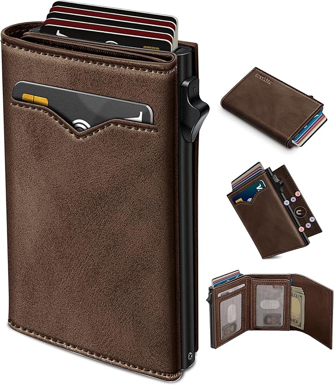 Wallet for Men,with Cash Pocket 2 ID Window 9-13 Cards,Metal Case Smart Slim Pop Up Credit Card Holder Flip with Magnetic Closure RFID Blocking Trifold wallet with Gift Box by Miyozi