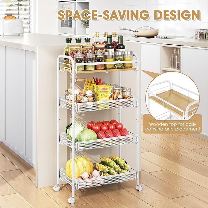 TOOLF 4-Tier Rolling Cart, Metal Utility Cart, Slide Out Storage Cart with Wooden Tabletop and Mesh Baskets, Easy Assemble Trolley for Kitchen Bathroom Laundry Room Bedroom Apartments Dormitory - Image 4