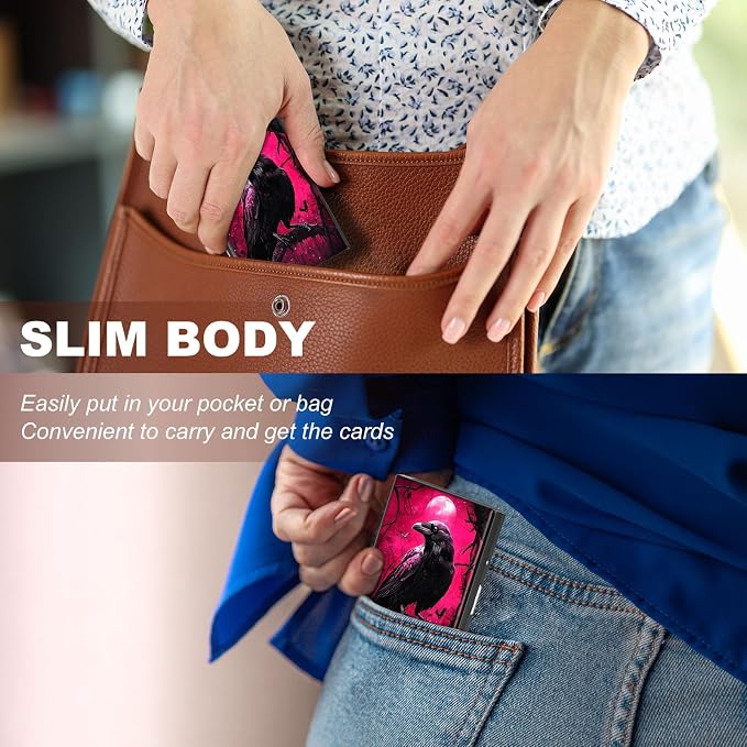 Metal Wallet,Credit Card Holder for Women,Slim RFID Blocking Credit Card Holder Thin Aluminum Wallet ID Case,6 Slot Business Mini Hard Metal Case for Women/Men,Cute Crow Pink - Image 4