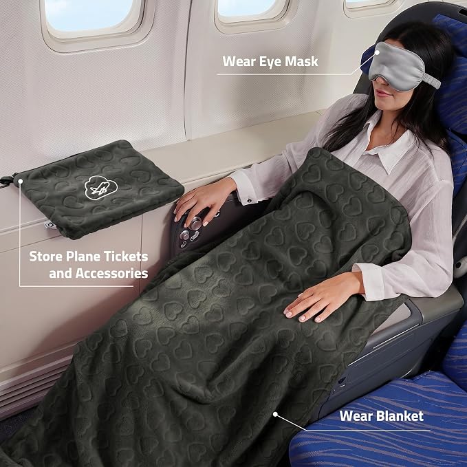 Travel Blanket, Airplane Blanket, Ultra-Soft, Warm & Lightweight, 65x40 in, Outdoor Blanket Essentials for Women, Men & Kids, Included Eye Mask, Luggage Sleeve & Backpack Clip Heart Grey - Image 2