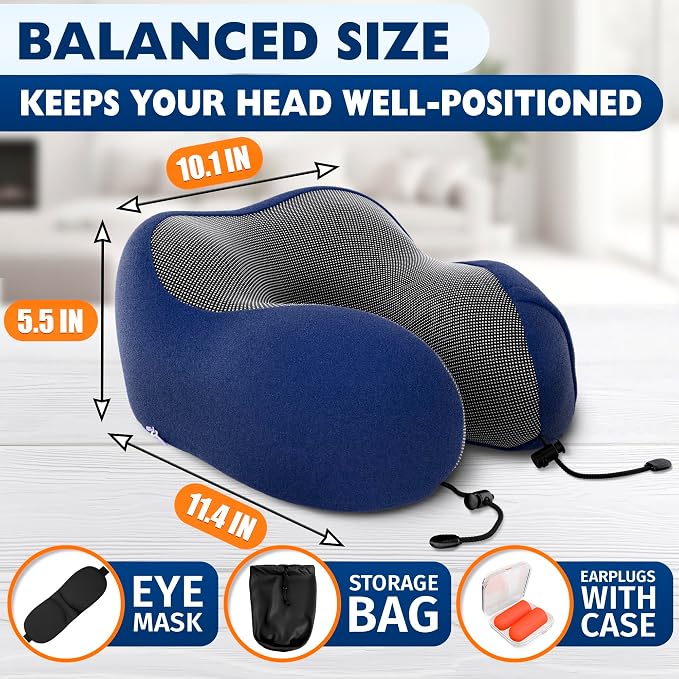 Travel Neck Pillow for Airplane, 100% Memory Foam (Blue) | 4-in-1 Set with 3D Eye Mask, Earplugs, Carry Bag, Washable Cotton Cover & Snap Buttons, Neck Pillow for Plane, Car & Train - Image 2