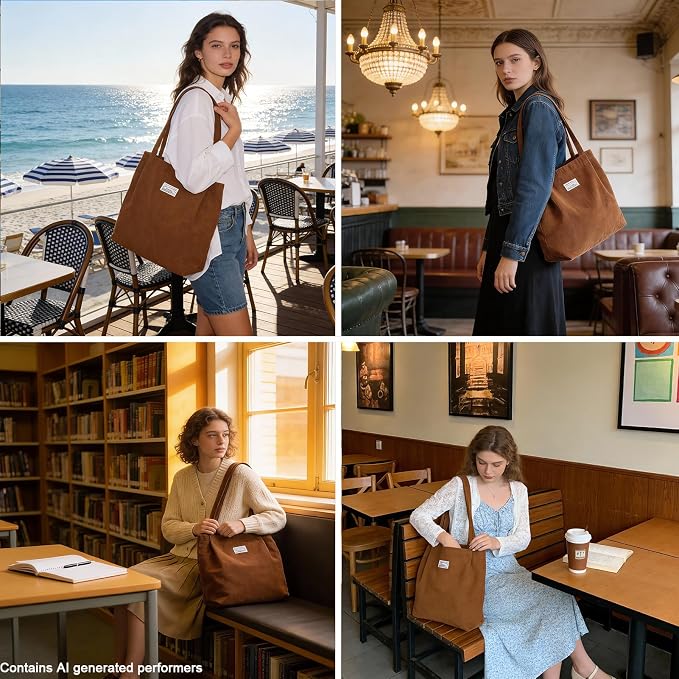 UERRUAM Corduroy Tote Bag for Women with Inner Pockets, Cute Go-to Bag | Slouchy Shoulder Bag for Everyday, Work, Books, Beach & Grocery Shopping, Lightweight Washable Foldable, Cloth Purse - Image 2