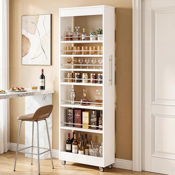 Tribesigns 73" Tall Slim Storage Cart on Rubber Wheels, 7-Tier Narrow Pantry Cabinet, Rolling Skinny Spice Rack Organizer Next to Fridge, Wooden Pull-Out Storage Shelf for Kitchen Small Spaces, White - Image 4