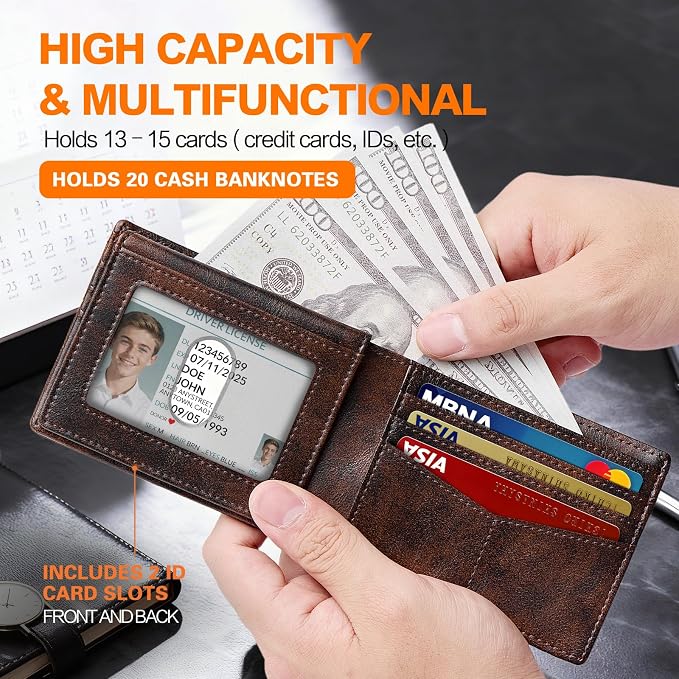 Wallet for Men Slim RFID Blocking Bifold Carbon Fiber,Minimalist Small Compact Front Pocket Credit Card Holder,Thin Mens Leather Wallets Smart Security With 2 ID windows 1 Cash (Retro Black & Brown) - Image 4