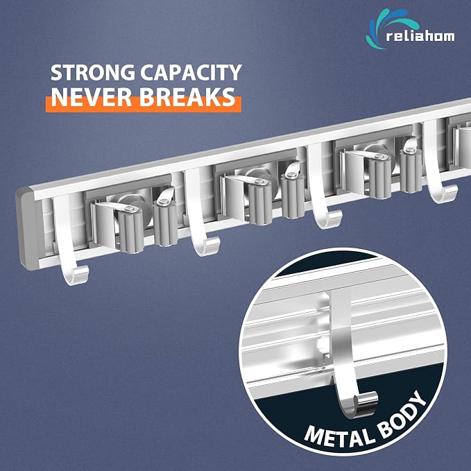 reliahom Broom Holder Wall Mount Mop Hanger Tools organizer 4Racks 5Hooks | Adjustable Mop Broom Wall Hanging Heavy duty Tools Storage Rack Space-saving for Garage,Kitchen,Laundry Room,Garden, Silver - Image 2