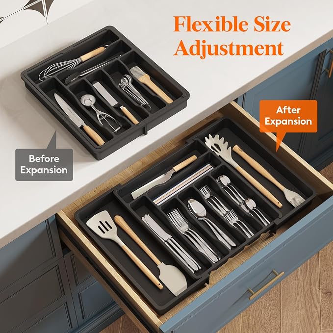 Lifewit Expandable Silverware Drawer Organizer, Kitchen Utensil Tray | BPA-free Plastic Flatware Cutlery Holder, Space-Saving Storage for Spoons Forks Knives, 13-22.4 x 15“, Black - Image 7