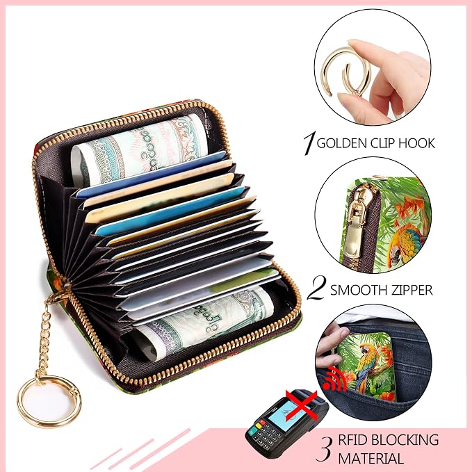 Blusabaca RFID Credit Card Holder Small Women Travel Wallet, Parrot Bird | Removable Keychain, Case with Zipper, Vegan PU Leather, Cash Coin Pocket, Business Accordion Purse, Ladies Female Gift - Image 5