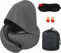 Travel Neck Pillow with Hood, Memory Foam, 360° Ergonomic Support, Cooling Ice Silk, Hooded Design, with Eye Mask, Earplugs, and Storage Pouch Airplane Travel Essentials, Dark Gray by MWODC