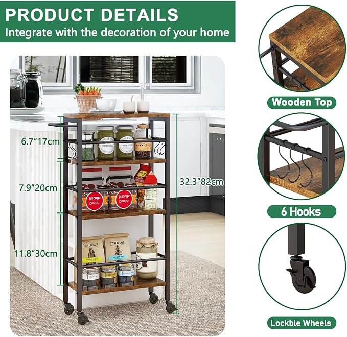 IBUYKE Slim Rolling Storage Cart, Kitchen Cart Utility Shelving UTMJ065H | 4-Tier, with Lockable Wheels,Handle&6 Hooks, 7.9" wide,for Kitchen, Laundry, Bathroom, Rustic Brown - Image 6
