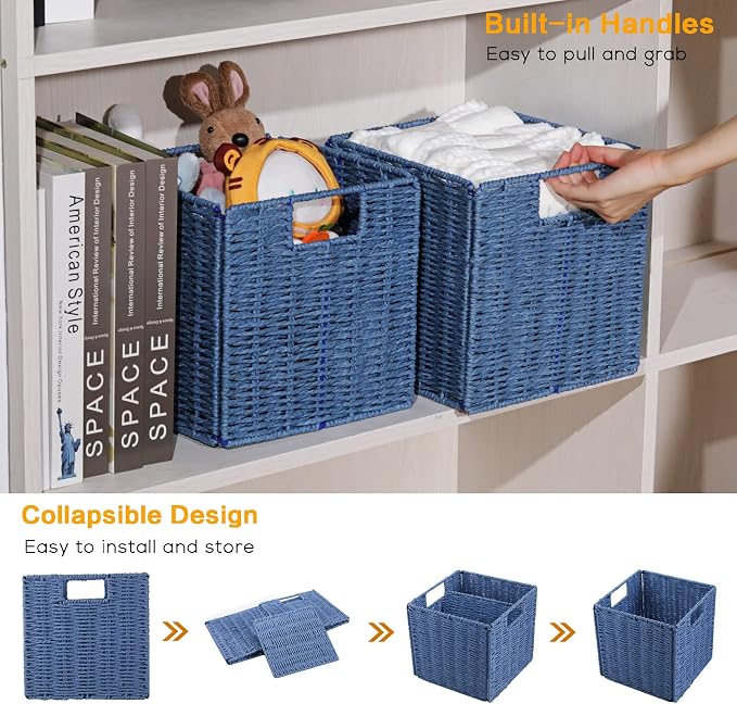 Wicker Storage Basket, Set of 2 Hand-Woven Storage Baskets for Shelves with Handles, Foldable Cube Storage Bins Organizer, Blue 13x13 Inch Large Wicker Baskets for Pantry Bedroom Decor, Blue - Image 4