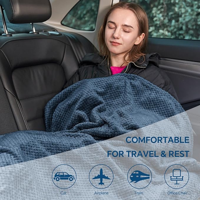 BEDELITE Travel Blanket with Bag, Jacquard Fleece Blanket 65"x40", Navy | Ultra-soft Airplane Blanket, Luggage Sleeve & Backpack Clip, Travel Essentials for Women, Foldable as Pillow for Long Flight - Image 7