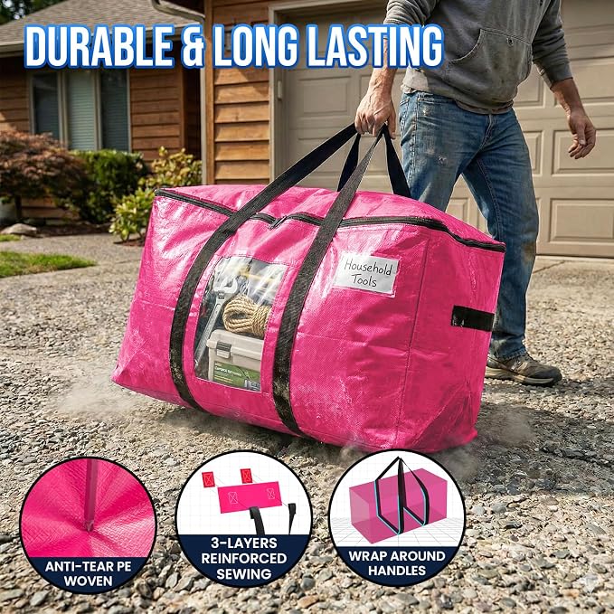 TAILI 8 Pack Pink Extra Large Moving Bags,Storage Bags with Visible Window | 93L Heavy Duty Totes For Storage,Wrap Around Handles,Alternative to Moving Boxes, College Dorm,Perfect for Moving - Image 3