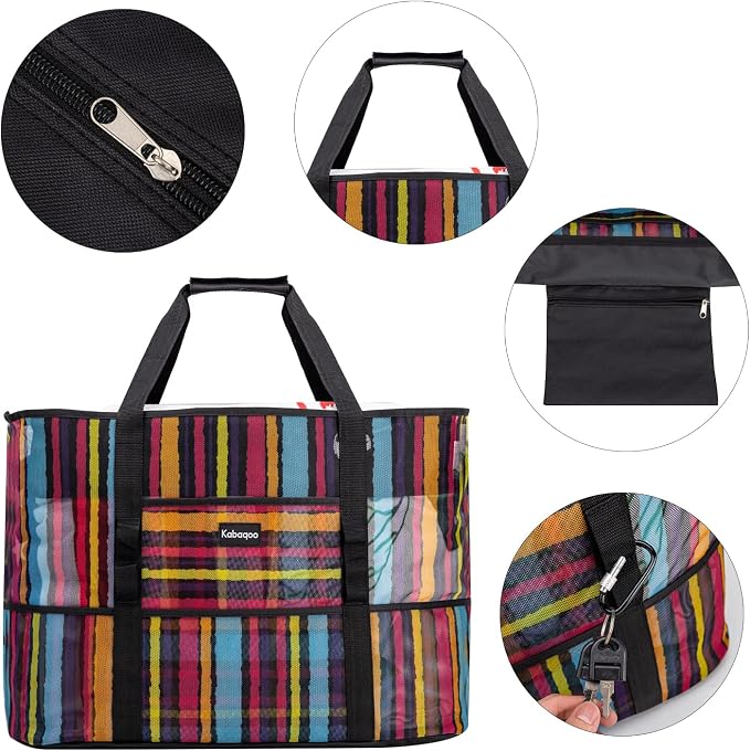 KABAQOO Mesh Beach Bag, Extra Large Beach Bags with 9 Pockets & Zipper Waterproof Lightweight Beach Tote for Beach/Pool Trip - Image 5
