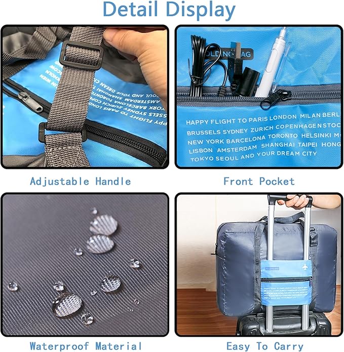 Travel Bag Spirit Airlines Personal Item Bag 18x14x8 Foldable Travel Duffel Bag Tote Carry on Luggage Duffle Overnight for Women and Men (Blue) - Image 4