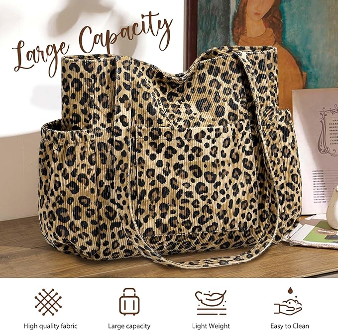 Corduroy Tote Bag for Women,Large Capacity Cute Tote Bags With 6 Pockets,Crossbody Shoulder Handbag for Work Travel Gym - Image 5