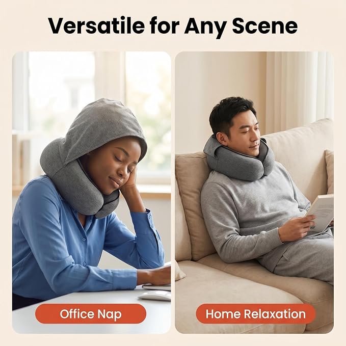 Travel Neck Pillow with Hood, Memory Foam, 360° Ergonomic Support, Cooling Ice Silk, Hooded Design, with Eye Mask, Earplugs, and Storage Pouch Airplane Travel Essentials, Dark Gray - Image 7
