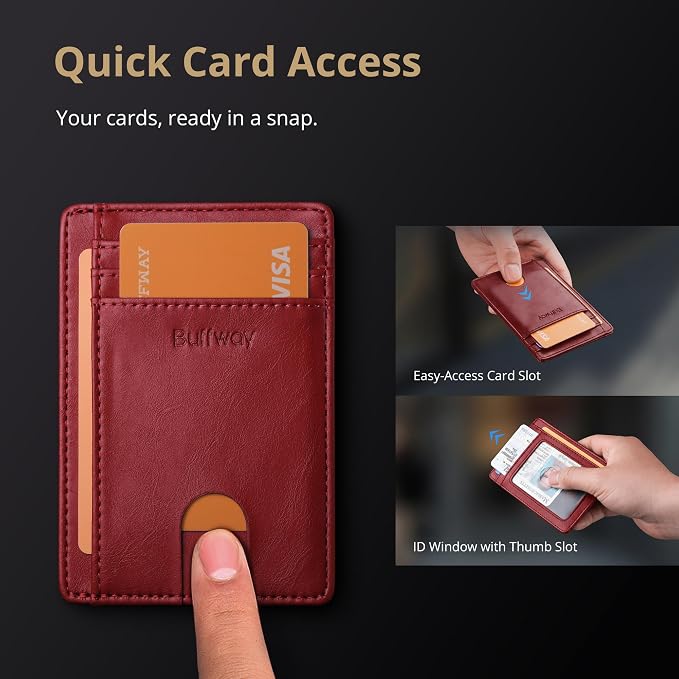 Buffway Slim Minimalist Front Pocket RFID Blocking Leather Wallets for Men and Women - Alaska Cherry - Image 3