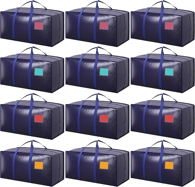 12 Pack Moving Bags with Full-Open Side Zipper, Extra Large 93L Heavy Duty Waterproof Foldable Storage Totes for College Dorm, Moving & Home OrganizationDarkBlue by RMOHRO