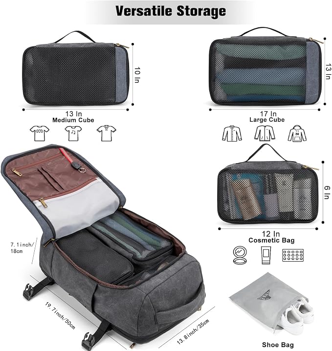 Tzowla 40L Canvas Expandable Travel Laptop Backpack for Men Women Carry on Flight Approved,Large Capacity Anti Theft Backpacks,Vintage Personal Item Bag Fit 17.3" Laptop(Black & Blue) - Image 2