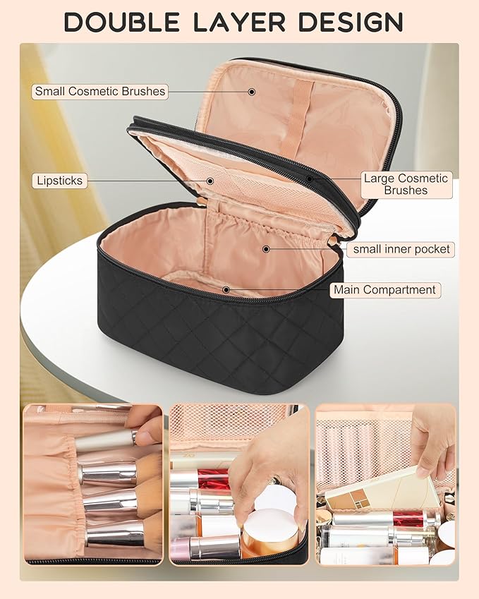 Relavel Large Travel Makeup Bag with Separate Makeup Brush Compartment | Make Up Pouch for Women with Double Layer Design, Portable Toiletry Organizer Bag with Handle for Short Trip, Black - Image 4