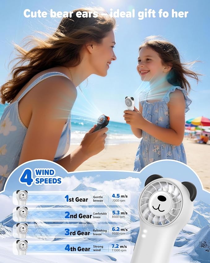 Portable Handheld Fan, Cute Bear Mini Fan with 11000 RPM High Speed, Rechargeable Personal Fan with 4 Speeds, Pocket Small Fan for Travel, Makeup, Lash, Gifts for Women Girl - White - Image 7