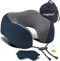 napfun Neck Pillow for Travel with Travel Pouch, Sleep Mask & Earplugs, Memory Foam Airplane Pillow for Headrest Sleep with Eyeshades, Plane Essentials with Eye Blindfold, Deep Blue Striped Kit by NAPFUN