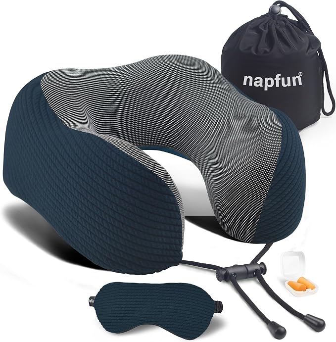 napfun Neck Pillow for Travel with Travel Pouch, Sleep Mask & Earplugs, Memory Foam Airplane Pillow for Headrest Sleep with Eyeshades, Plane Essentials with Eye Blindfold, Deep Blue Striped Kit by NAPFUN