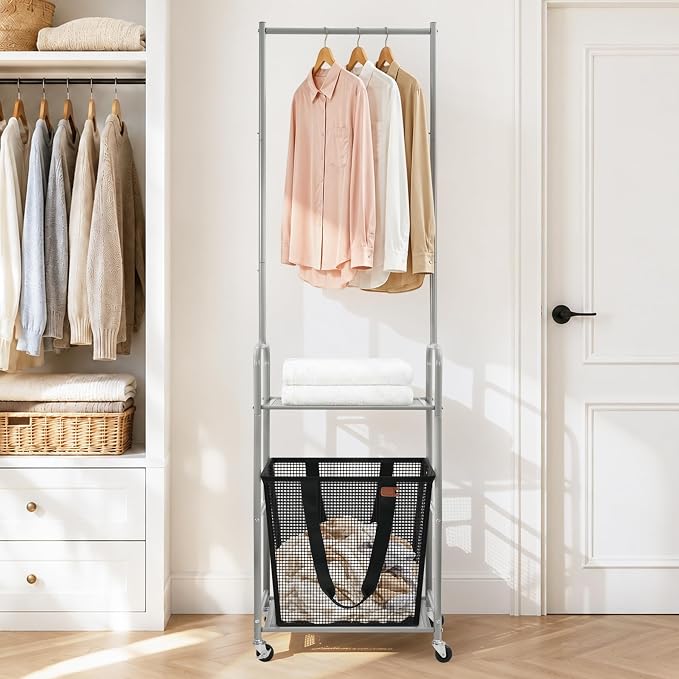 STO STO 3-in-1 Laundry Cart with Hanging Rack, Slim Space-Saving Rolling Laundry Sorter Hamper with Hanging Bar, Removable Pop-Up Mesh Laundry Basket, Storage Shelf, Lockable Wheels for Small Spaces - Image 2