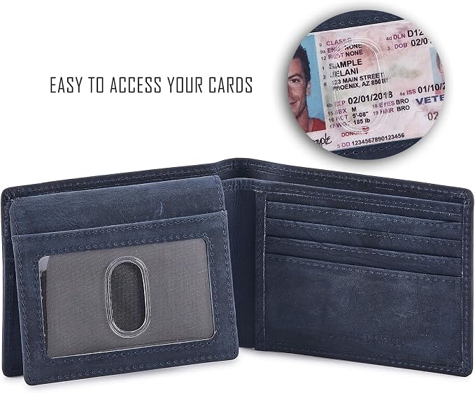 Wallet for Men Slim RFID Blocking Leather Bifold Minimalist 2 ID Windows Gift Box Carteras Para Hombres (CRAZY HORSE, NAVY) - Image 2
